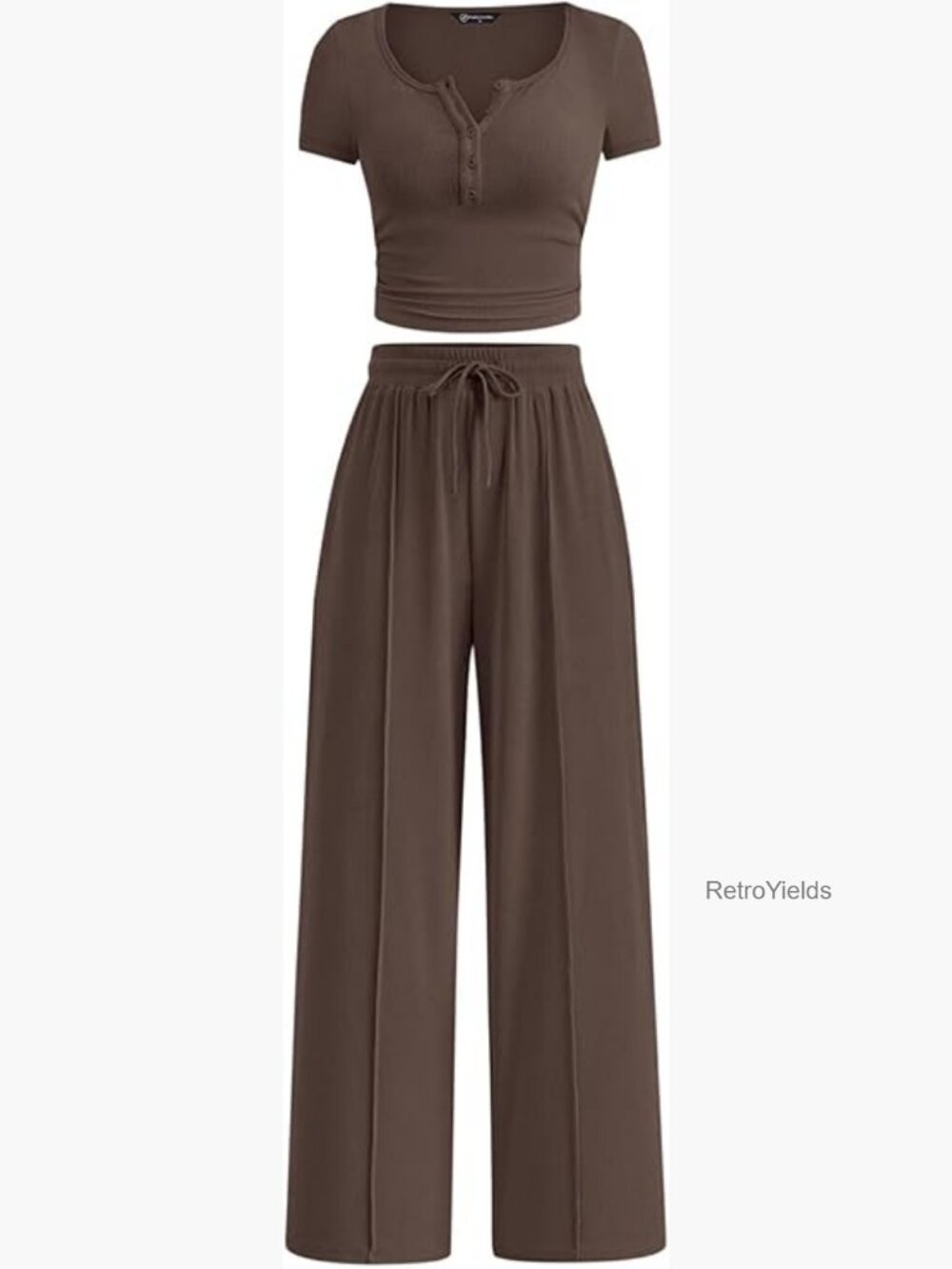 2 Piece Outfits Ribbed Knit Button Short Sleeve Top Wide Leg Pants Lounge Set